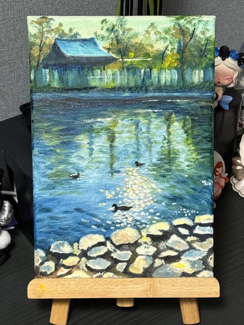 「公園の夕方」　手描き　油絵　肉筆　風景画　原画　油彩画　印象派