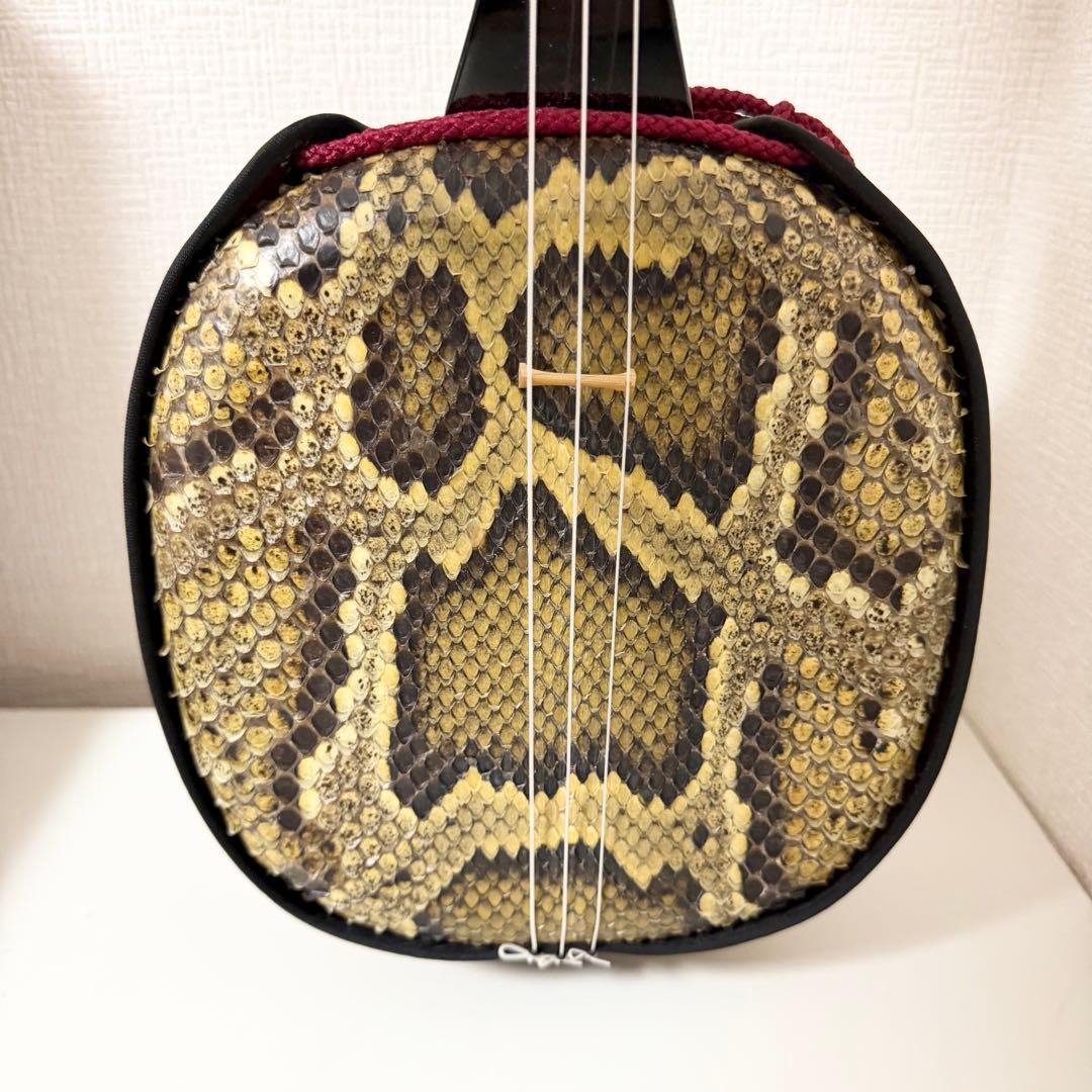 美品　沖縄 三線 本蛇革 強化張り 黒塗り棹 ハードケース 爪 本蛇皮