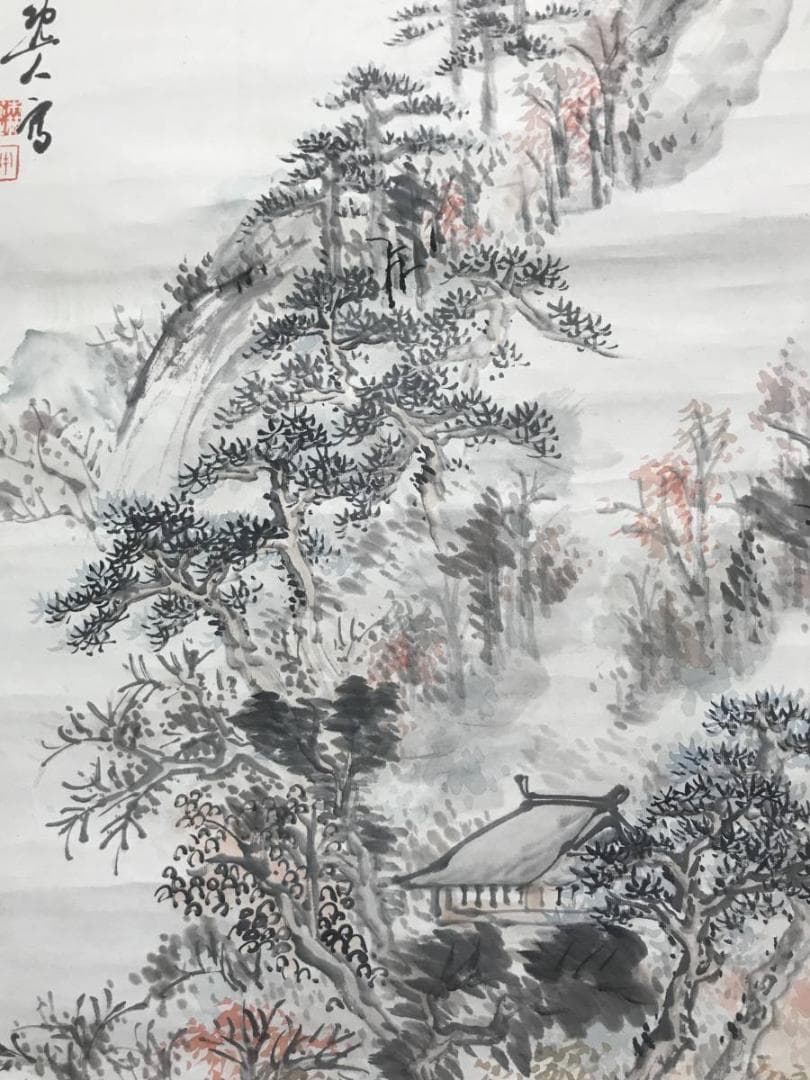 【真作】森半逸/楓林煙寺/山水図/秋景山水図/掛軸/名家伝来/AC-744