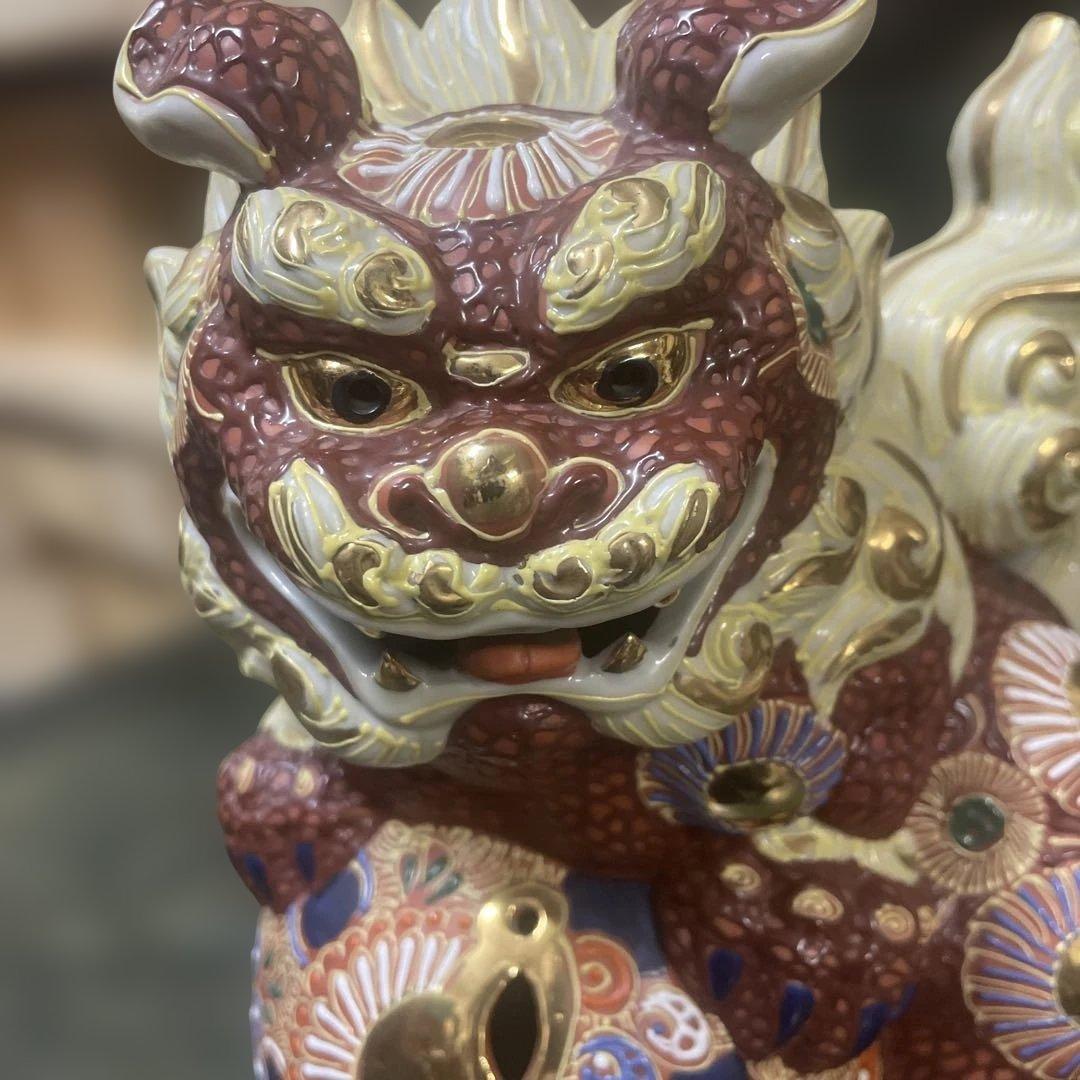 九谷焼八幡窯玉乗り獅子　石川県九谷焼　赤に金彩　日本美術　アンティーク　骨董品