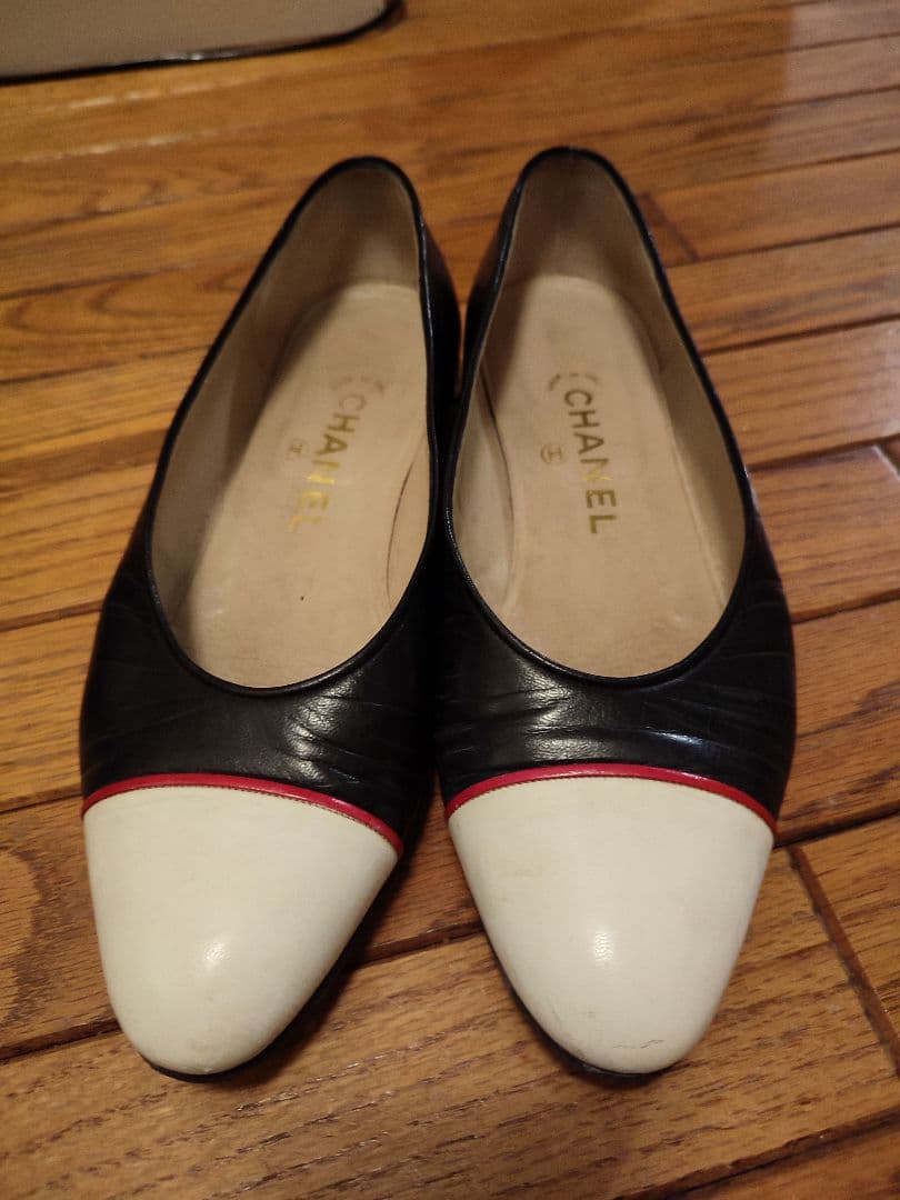 CHANEL Vintage バレエシューズ 37 黒/白/赤