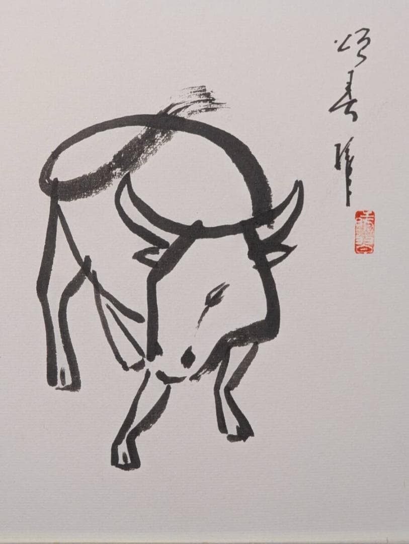 【真作】絵画　水墨画（色紙）　牛図　力強い筆致　現代書画作品　Z35