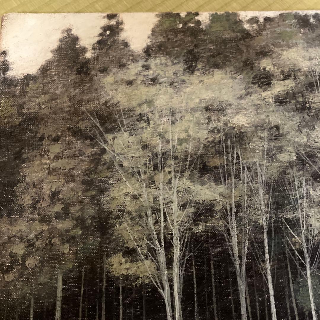 油彩画　8号　冬の森林風景　額縁入り