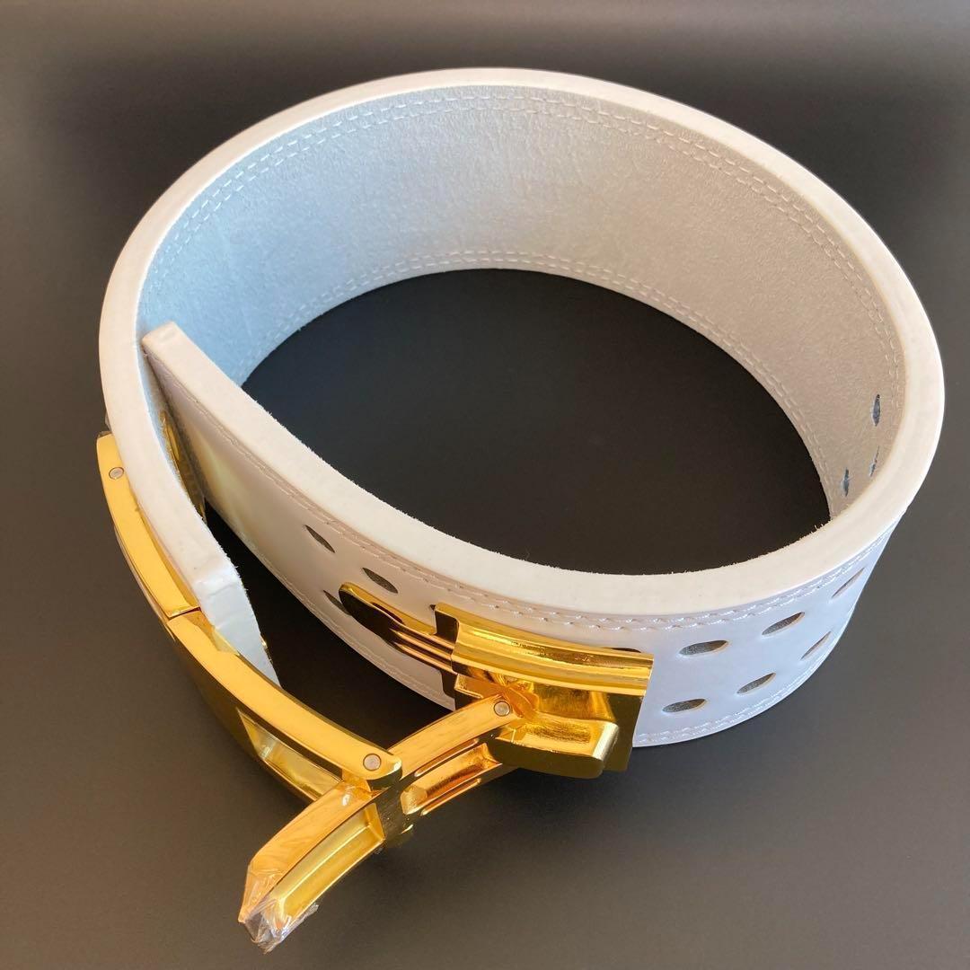 パワーベルト 本革 レバーアクション Mサイズ ワンタッチ可変式　白×バックル金