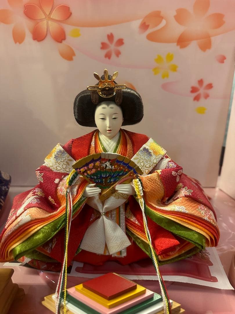 新品未使用 雛人形 五人飾り 三段飾り ピンク台 屏風付き 初節句 ひな祭り