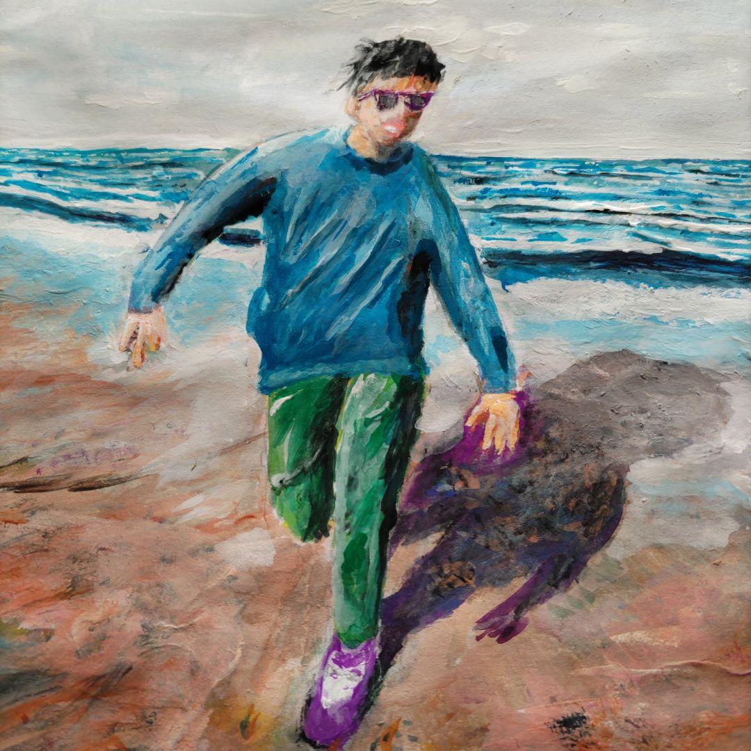 オリジナル絵画 八つ切サイズ アクリル画 砂浜を走る人物