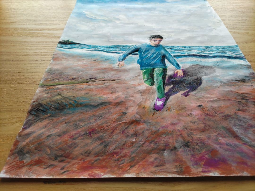 オリジナル絵画 八つ切サイズ アクリル画 砂浜を走る人物