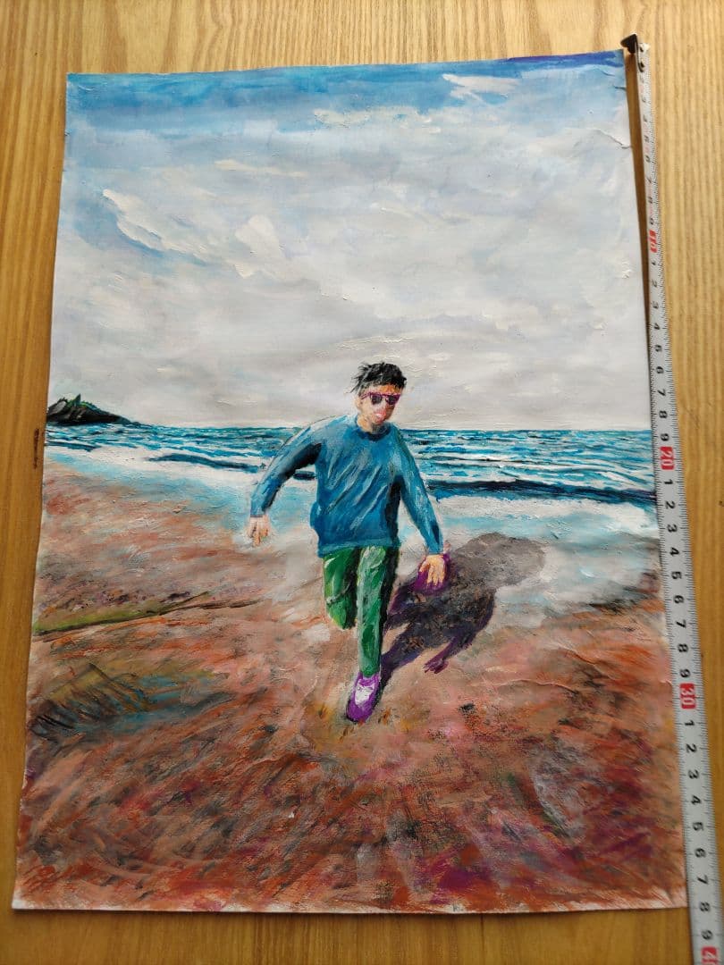 オリジナル絵画 八つ切サイズ アクリル画 砂浜を走る人物