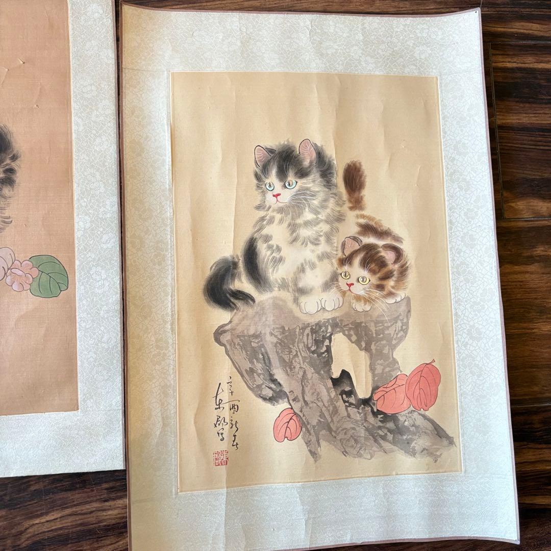 絵画 肉筆絹本 在銘 シートのみ 猫