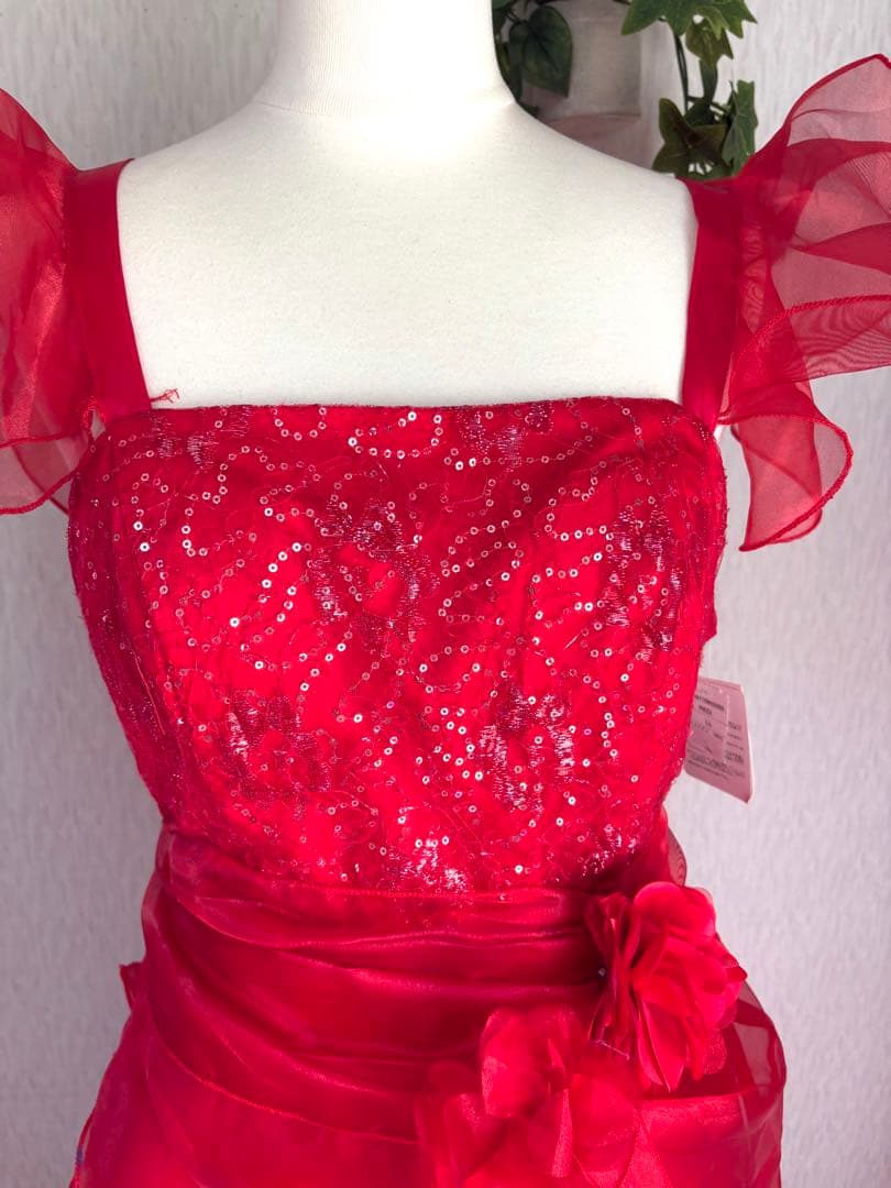 赤いフリルのロングドレス 2L 新品