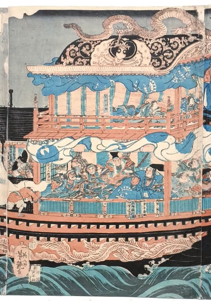 浮世絵版画、壇之浦大合戦之圖三枚綴り繋がってます。歌川芳艶画、安政6年出版