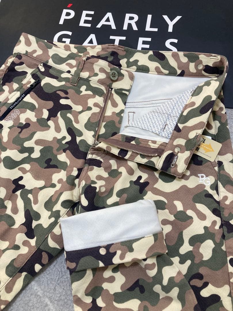 新品 パーリーゲイツ コットンストレッチバーズアイ表起毛パンツ カモ柄(4)M