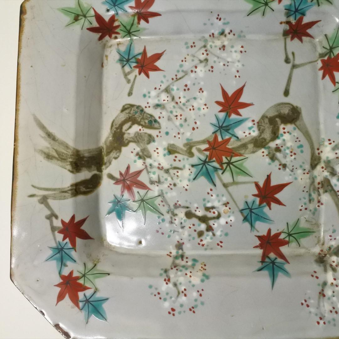 明治時代　犬山焼　角　紅葉　大皿　骨董品　アンティーク　ｊ