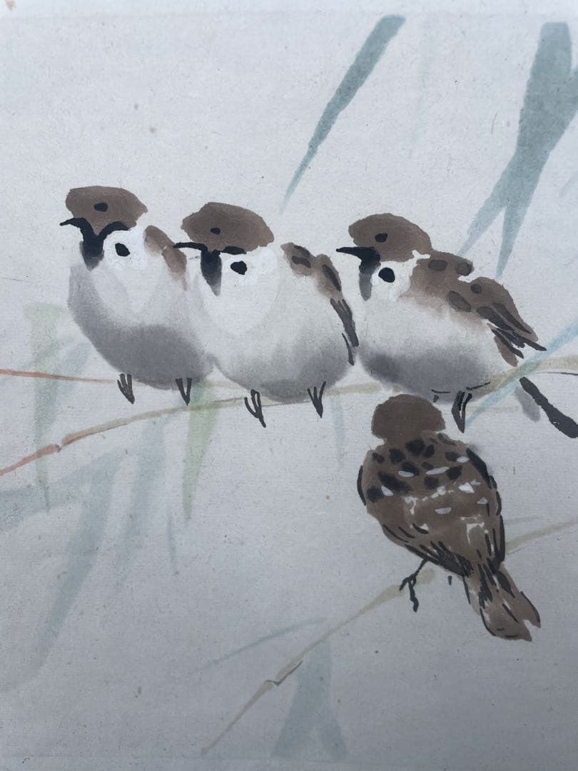 小鳥　竹　木版画　徐悲鴻 名作　在銘