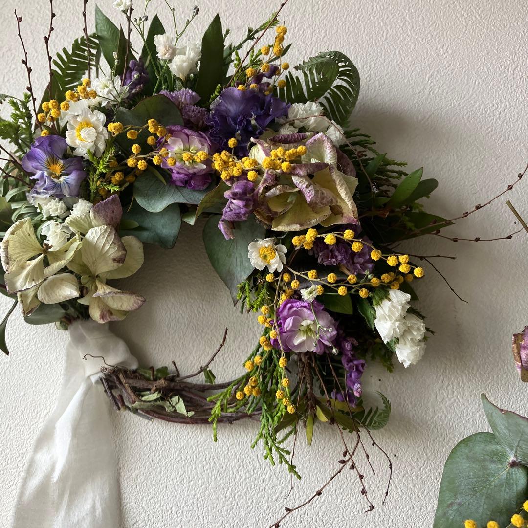お得なセット　ミモザとアンティーク紫陽花のリース＆スワッグセット　春　ストック