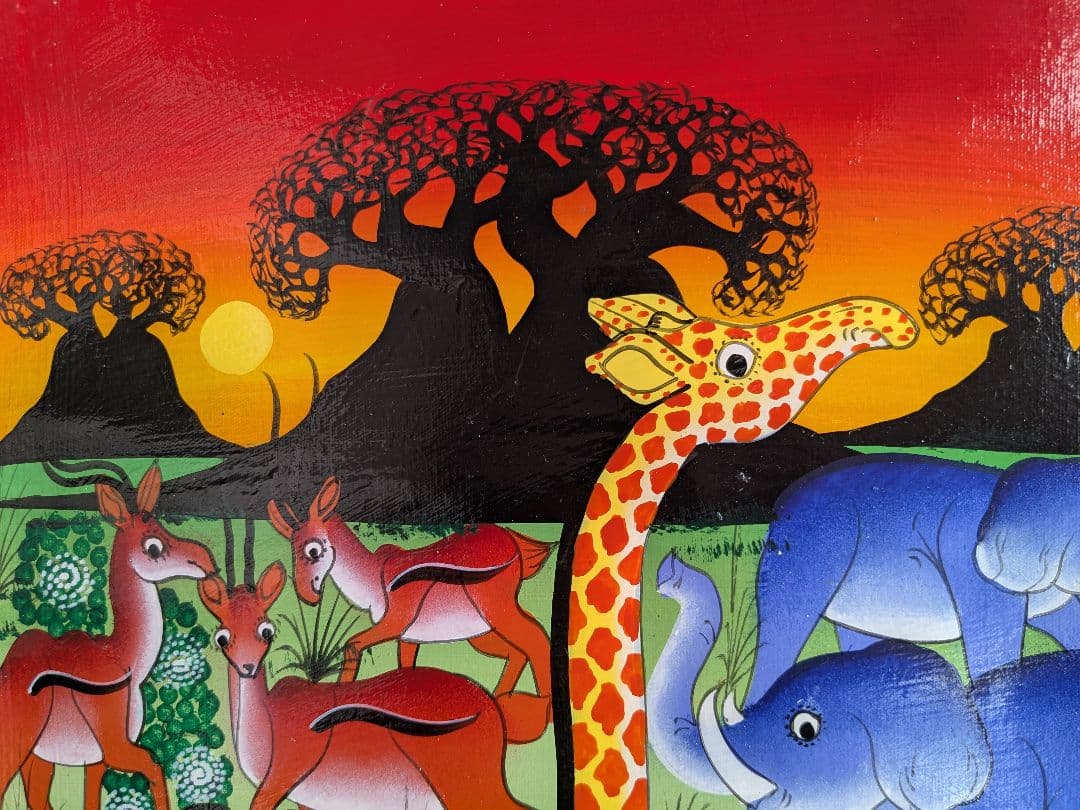 ●アフリカの絵画、ティンガティンガ、夕暮れ時のサバンナ、30×40cm