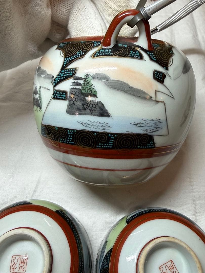 明治、九谷焼き骨董急須、湯呑セット