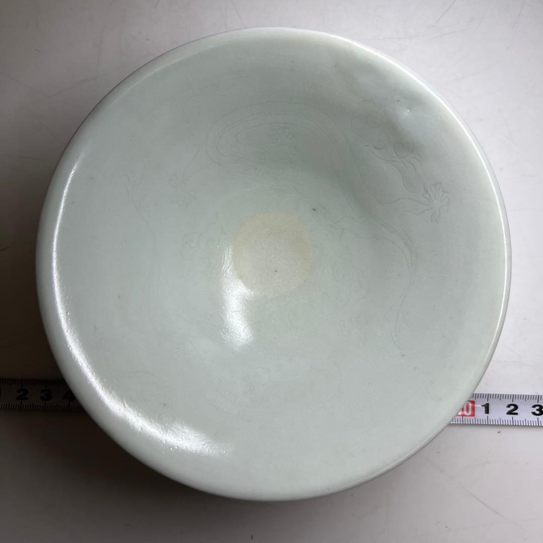 専用　中国宋代　青磁陰刻龍雲文茶碗 合箱 w15.3cm 東キ8-0326☆2F