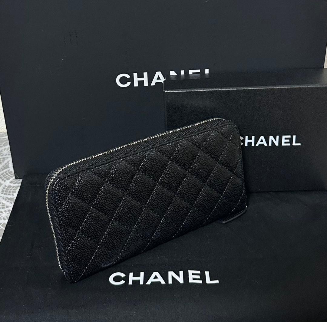 CHANELノベルティレザーラウンドファスナー長財布ブラックシルバー