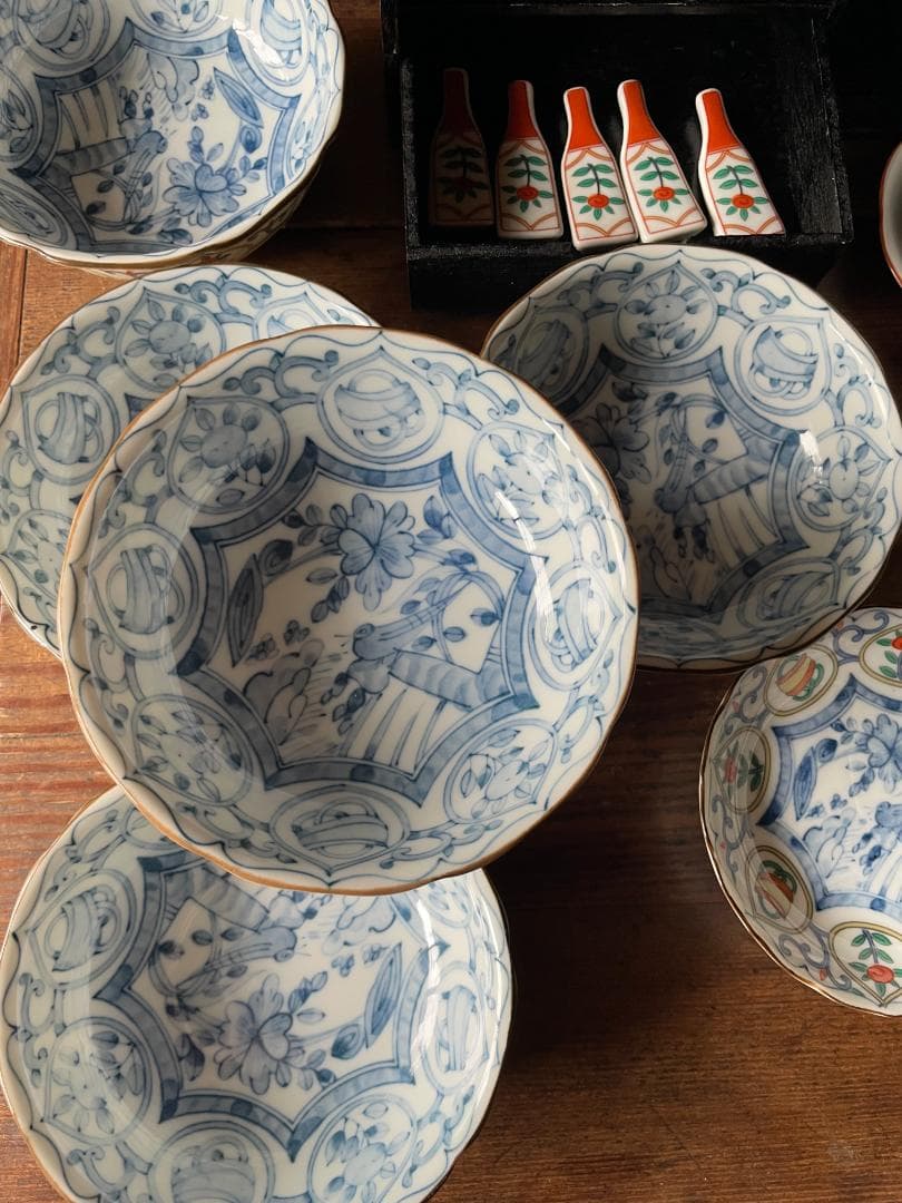 蒙古焼 藍窯 木棚付 中鉢 小皿 箸置 各5客 醤油差し1客セット新品 未使用