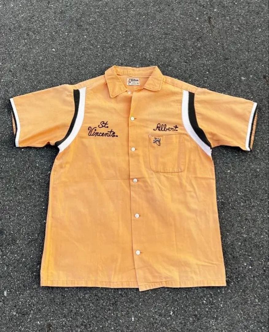 【希少70s USA製】Hilton ボーリングシャツ M オレンジ 一点物