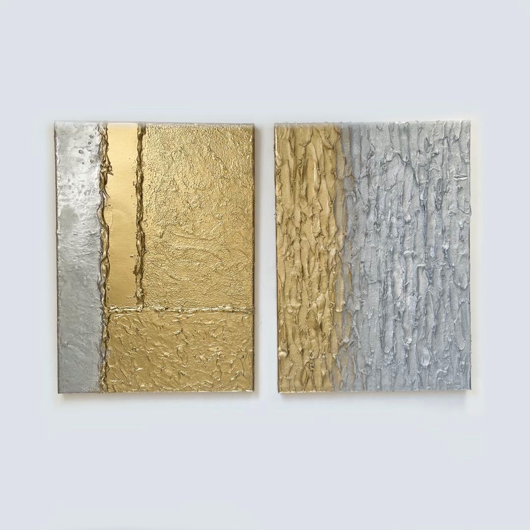 銀と金の現代アート｜F4 二枚組テクスチャーアート｜モダン・抽象・インテリア絵画