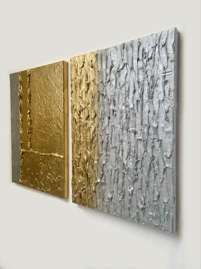 銀と金の現代アート｜F4 二枚組テクスチャーアート｜モダン・抽象・インテリア絵画