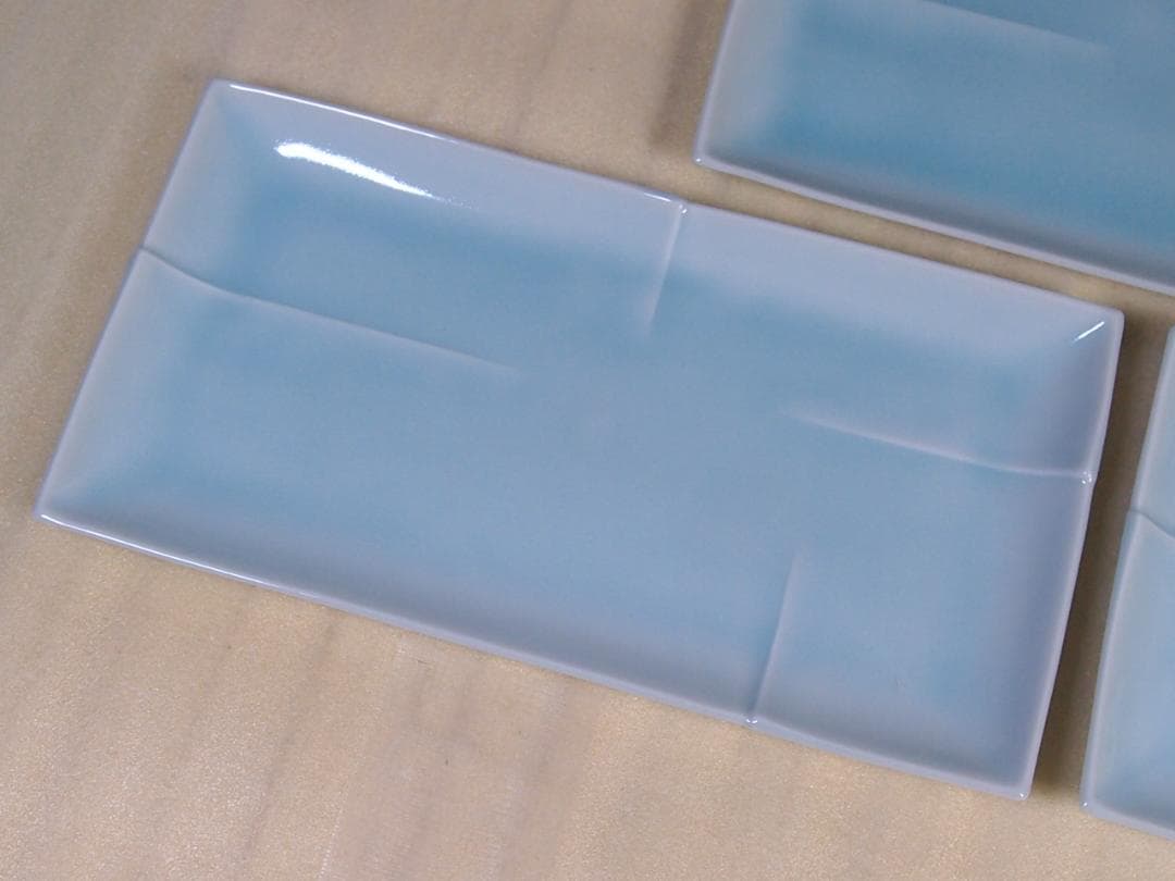 【未使用】たち吉/橘吉 青磁 長角皿 5客 竹節陽刻 焼物皿/刺身皿 磁器/食器