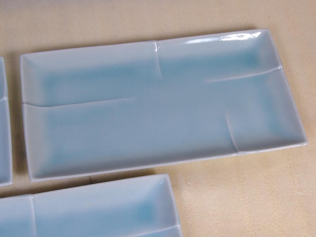 【未使用】たち吉/橘吉 青磁 長角皿 5客 竹節陽刻 焼物皿/刺身皿 磁器/食器