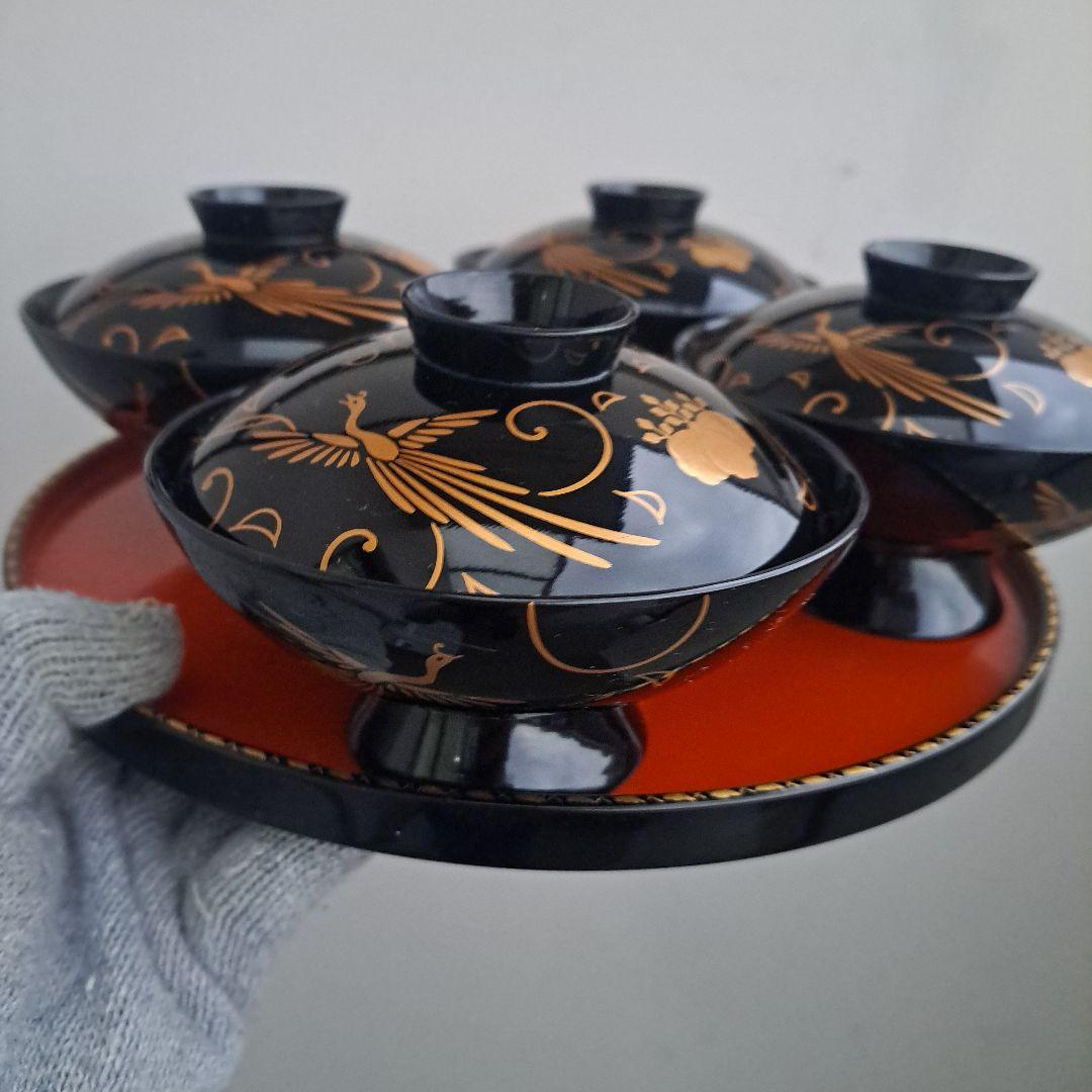【輪島塗　御吸物椀×4客】天然木製 鳳凰\"唐草\"高台寺蒔絵　長期保管品