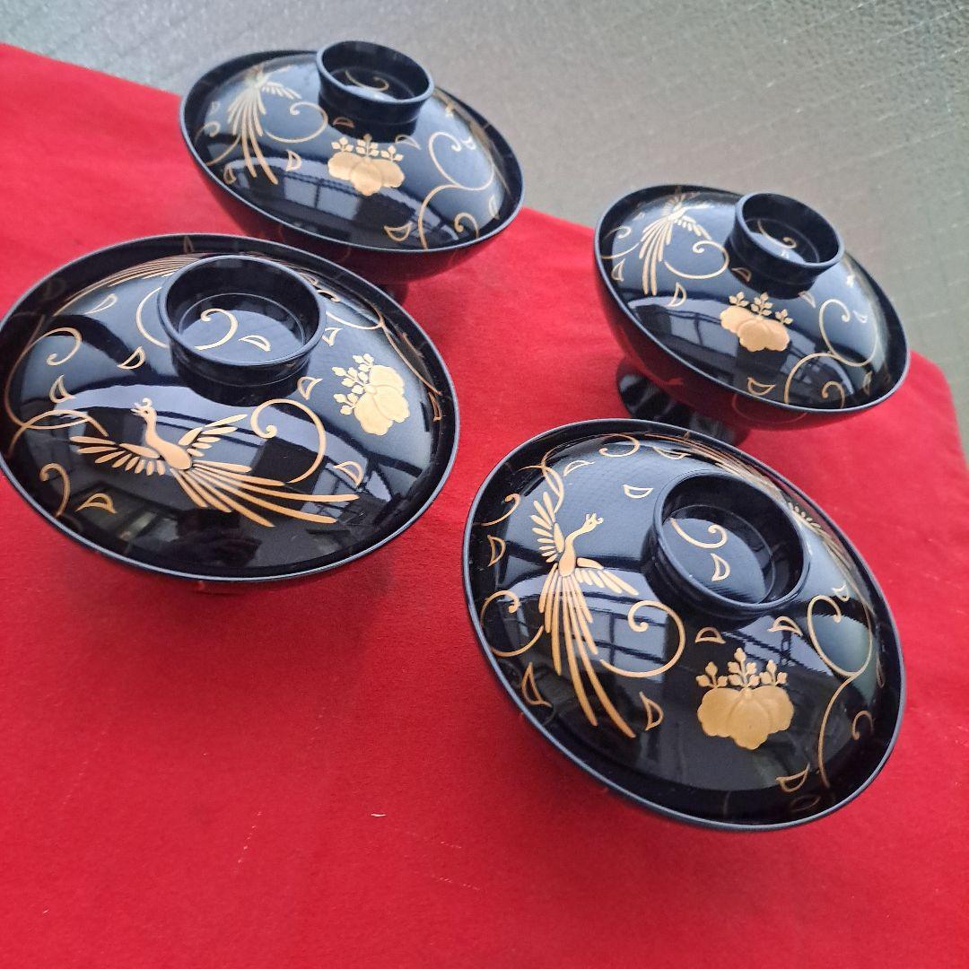 【輪島塗　御吸物椀×4客】天然木製 鳳凰\"唐草\"高台寺蒔絵　長期保管品