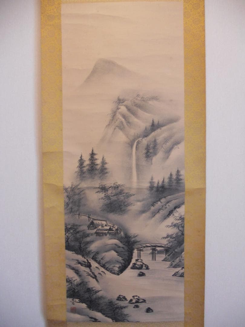 掛け軸 清雲 色山水画 紙本 希少 軸装 茶道具 掛軸 です。