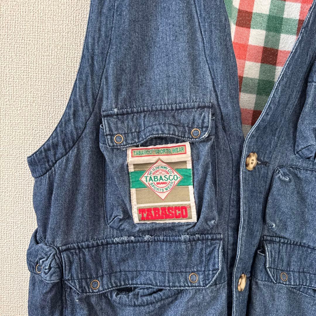 希少 レア タバスコ 背面刺繍 デニム風ベスト L 身幅広め ヴィンテージ90s