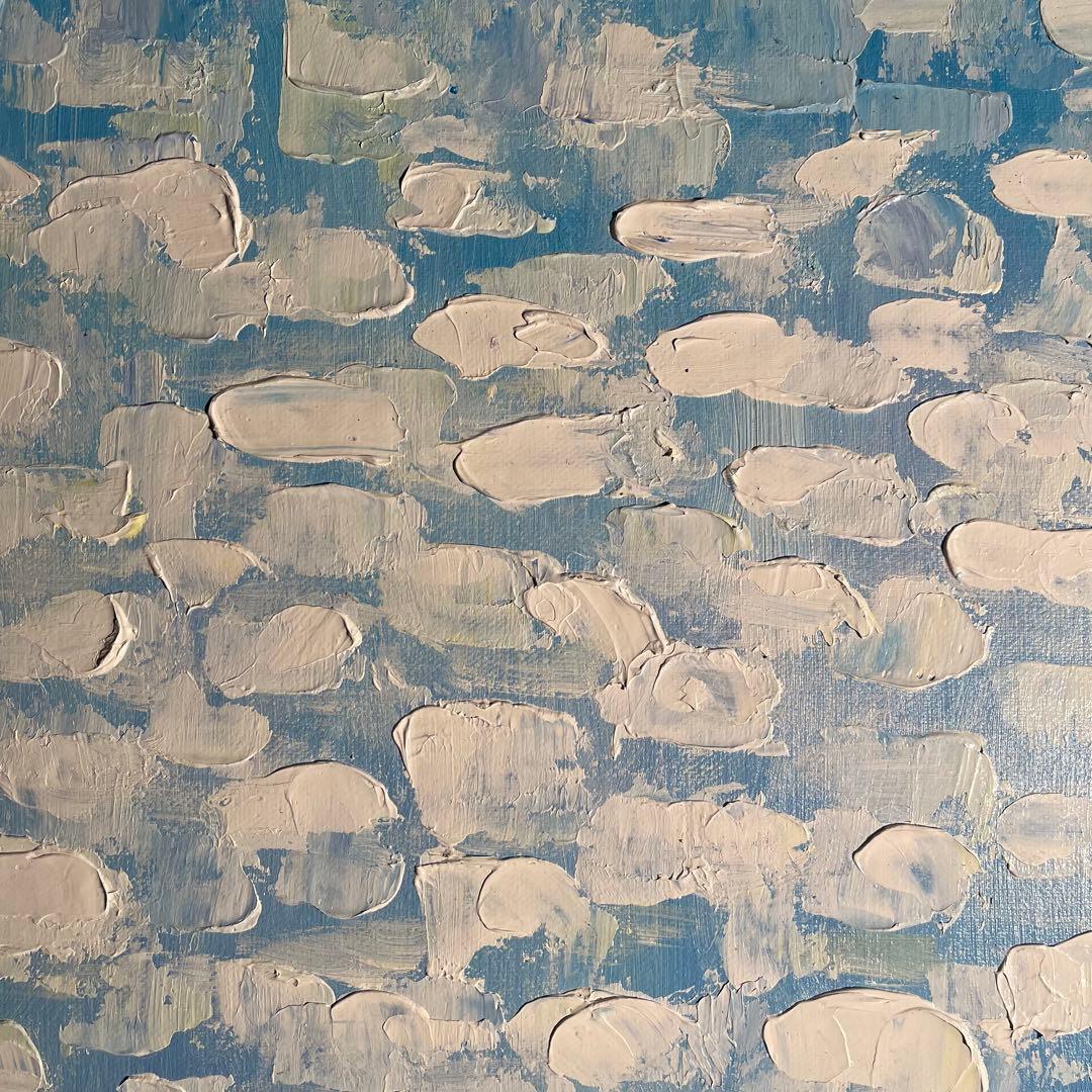 手書き油絵 スカイブルー 額付 肉筆絵画 インテリア 油彩画