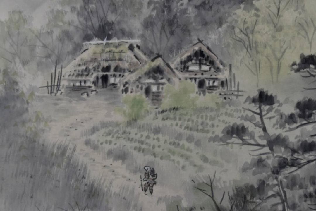 【真作】吾舟/春景山水人物図/掛軸/名家伝来/AA-453