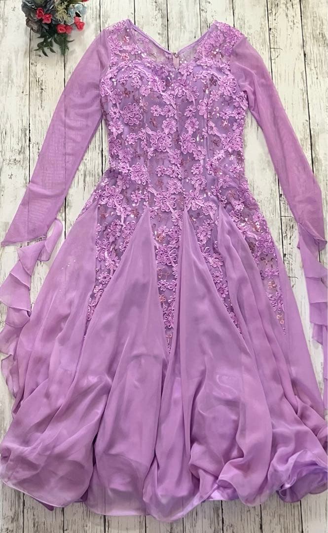 J006 レディース ドレス ロング 紫 社交ダンス 衣装 M〜L