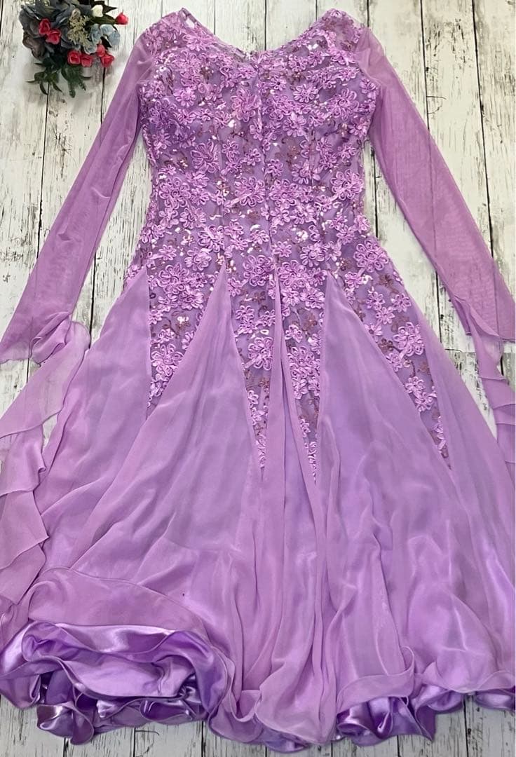 J006 レディース ドレス ロング 紫 社交ダンス 衣装 M〜L