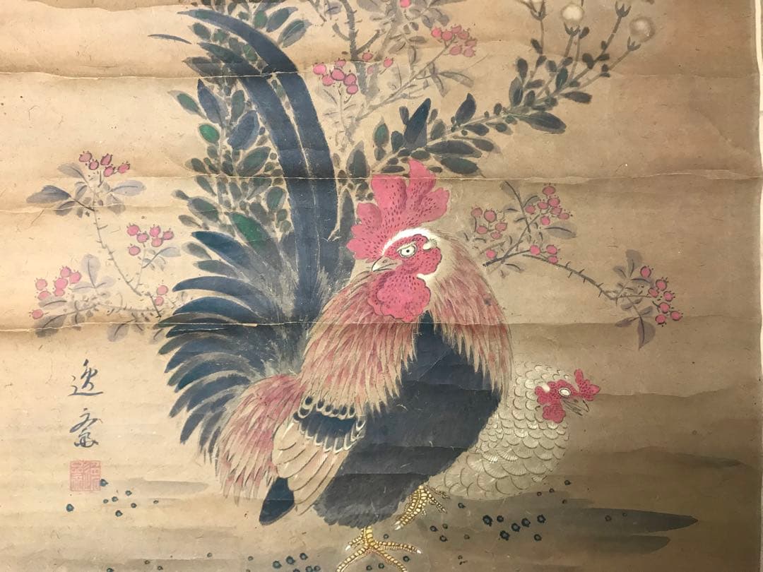 アンティーク　紙本　花鳥水彩画　マクリ　在銘　古画