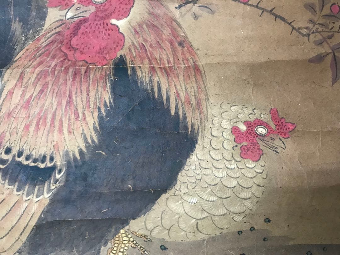 アンティーク　紙本　花鳥水彩画　マクリ　在銘　古画