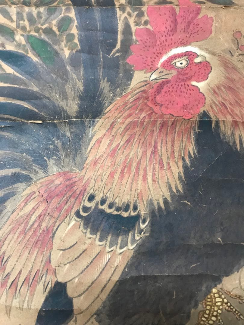 アンティーク　紙本　花鳥水彩画　マクリ　在銘　古画