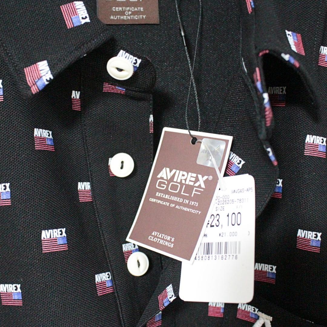 新品 アヴィレックス ゴルフ ロゴ総柄 ストレッチ 鹿の子ポロシャツ L 黒