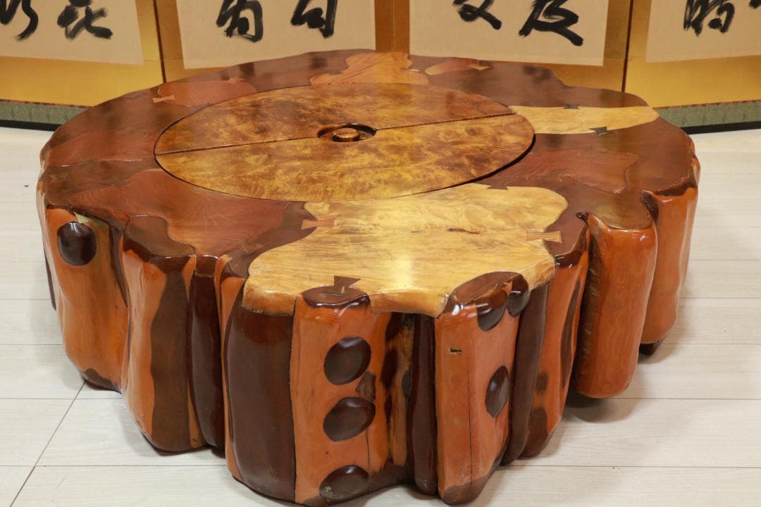 時代家具　木製　象嵌　刳り貫き　火鉢　大型　手炙り　蓋付　民芸品　BE951