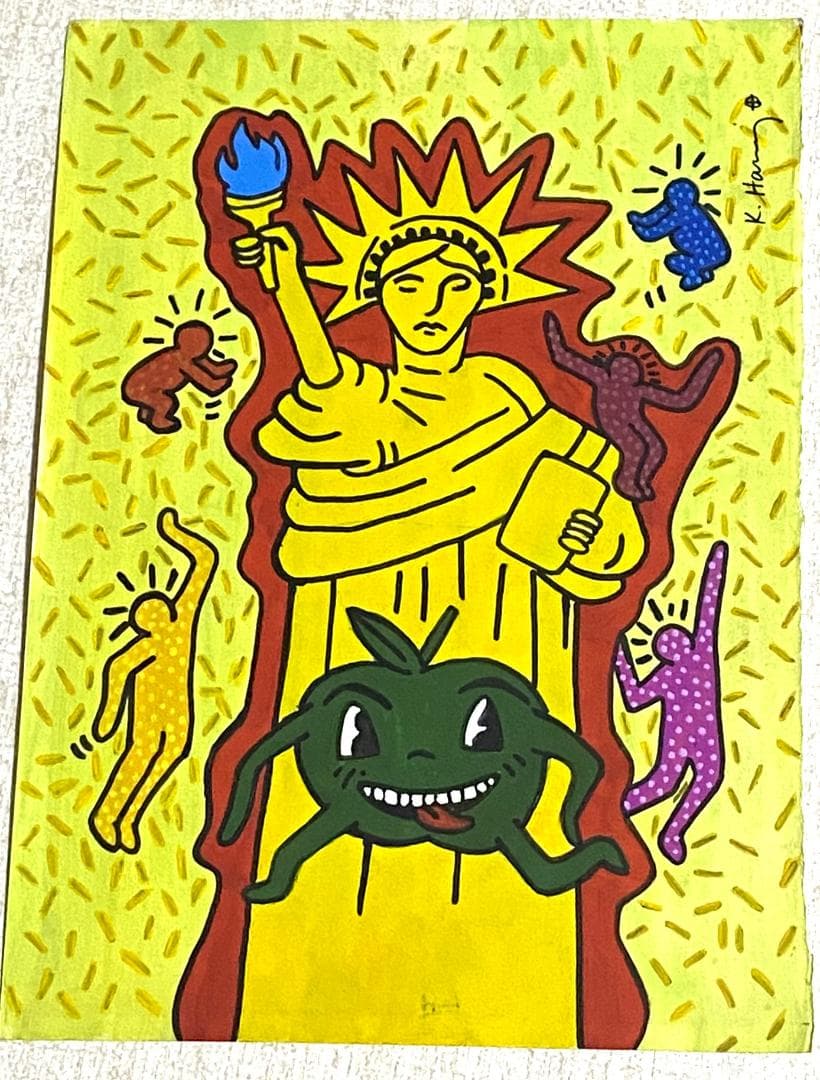 【模写】 額装付き キース・ヘリング KEITH HARING 油彩 厚紙