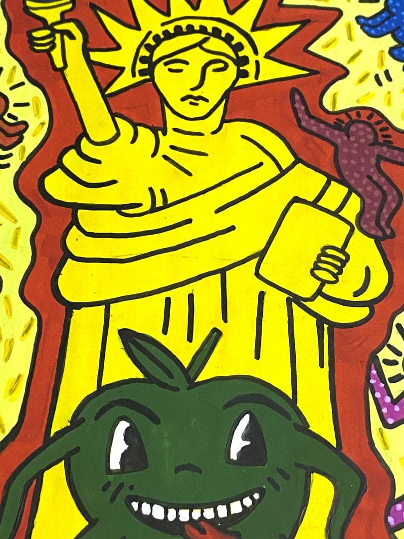 【模写】 額装付き キース・ヘリング KEITH HARING 油彩 厚紙