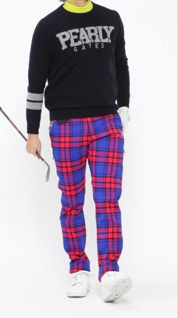 新品 パーリーゲイツ ポリエステルストレッチチェックパンツ(6)LL/マルチ