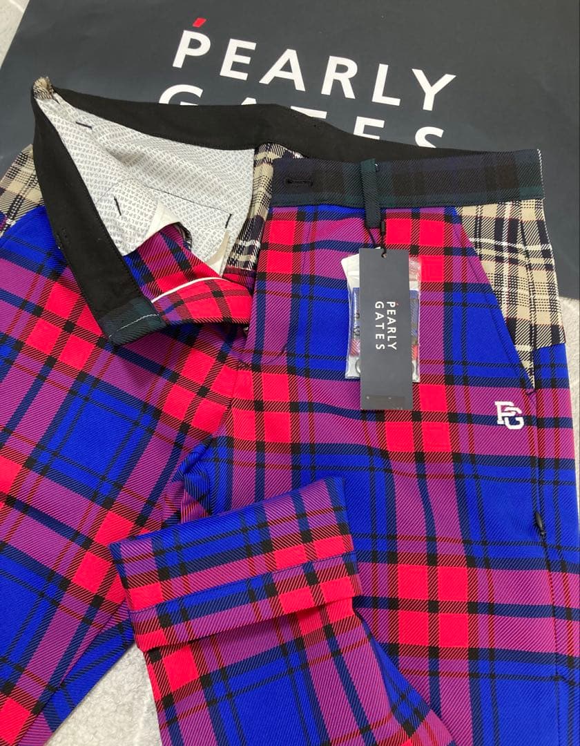 新品 パーリーゲイツ ポリエステルストレッチチェックパンツ(6)LL/マルチ