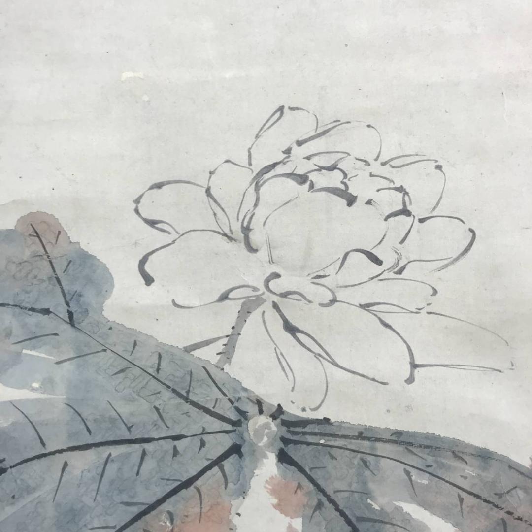 【真作】山本梅屋/蓮花図/ハス図/花図/掛軸/名家伝来/AD-57