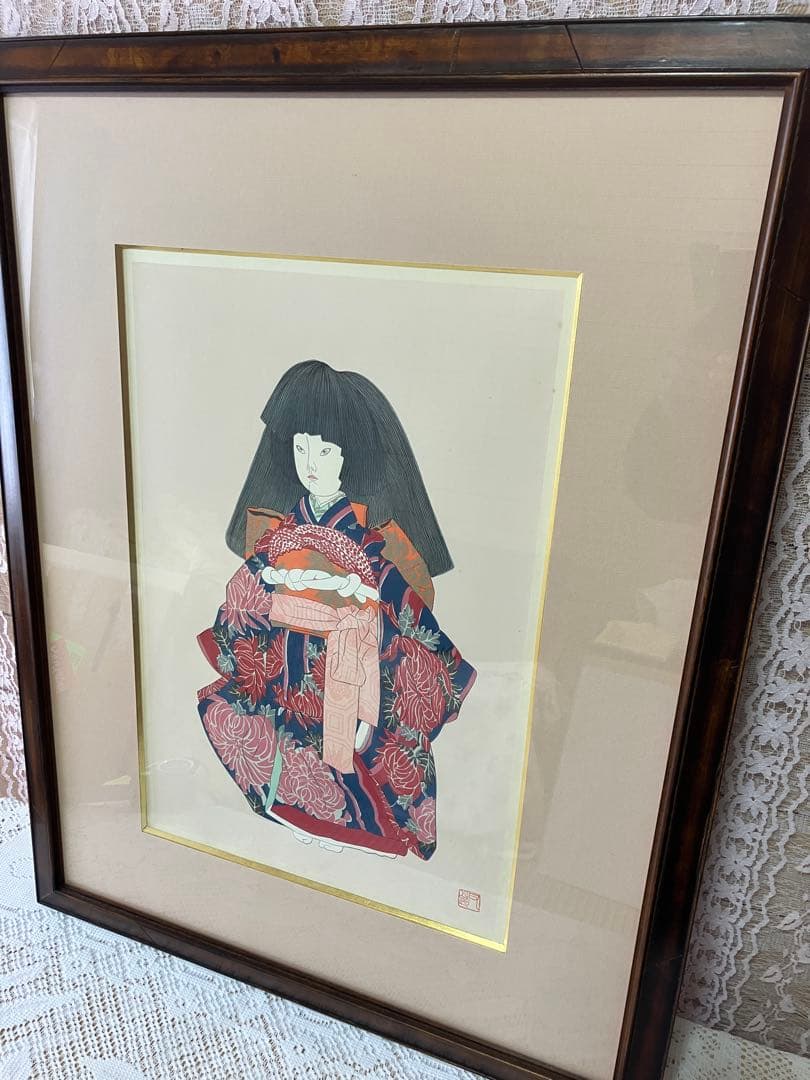 加山又造　木版画 日本人形 木製フレーム付き