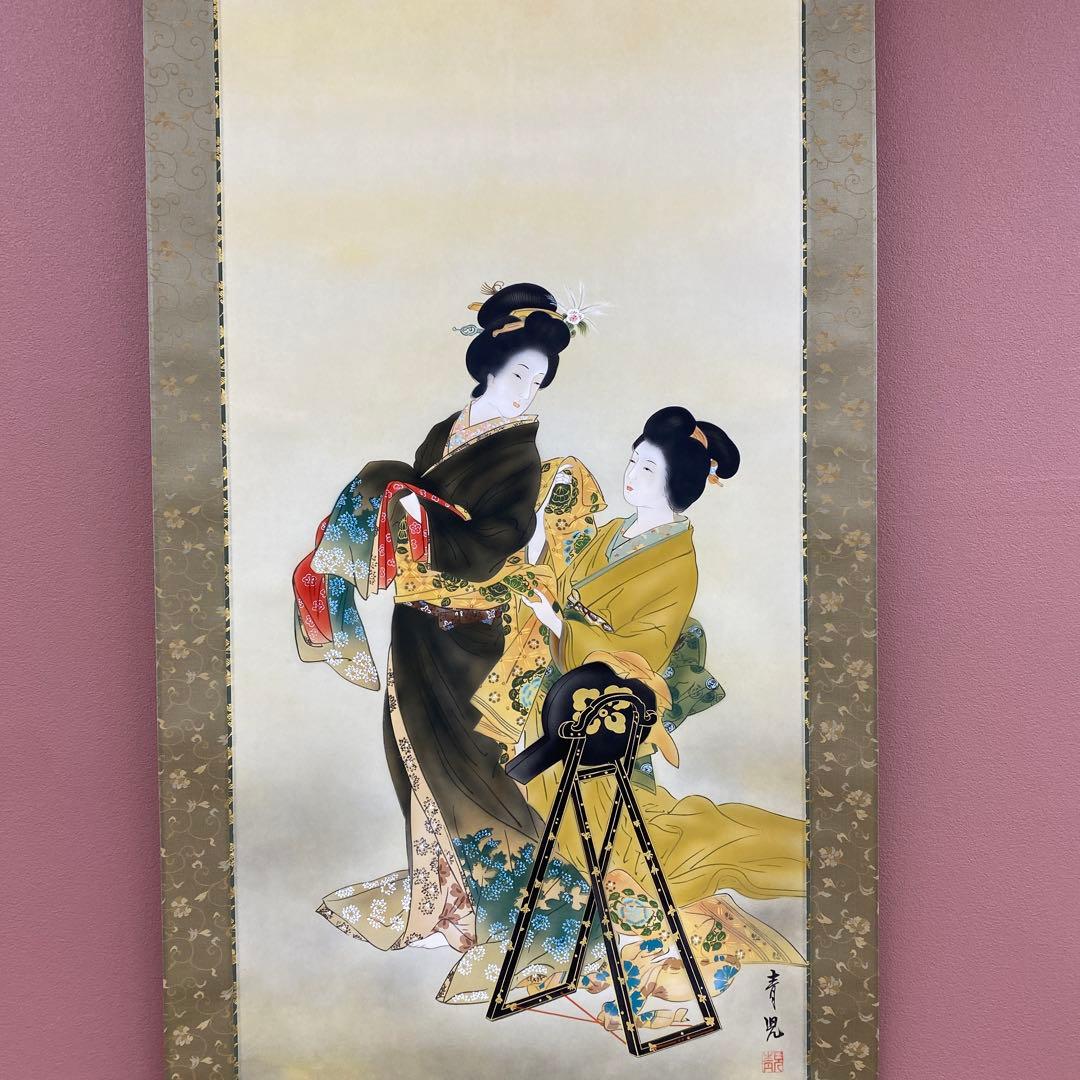 美品 掛け軸 田口青児作 よそおい図 共箱 美人姉妹 浮世絵 おもてなし