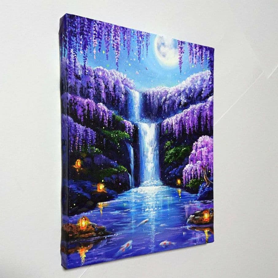 【藤が輝く夜】アクリル画 F3 風景画 絵画